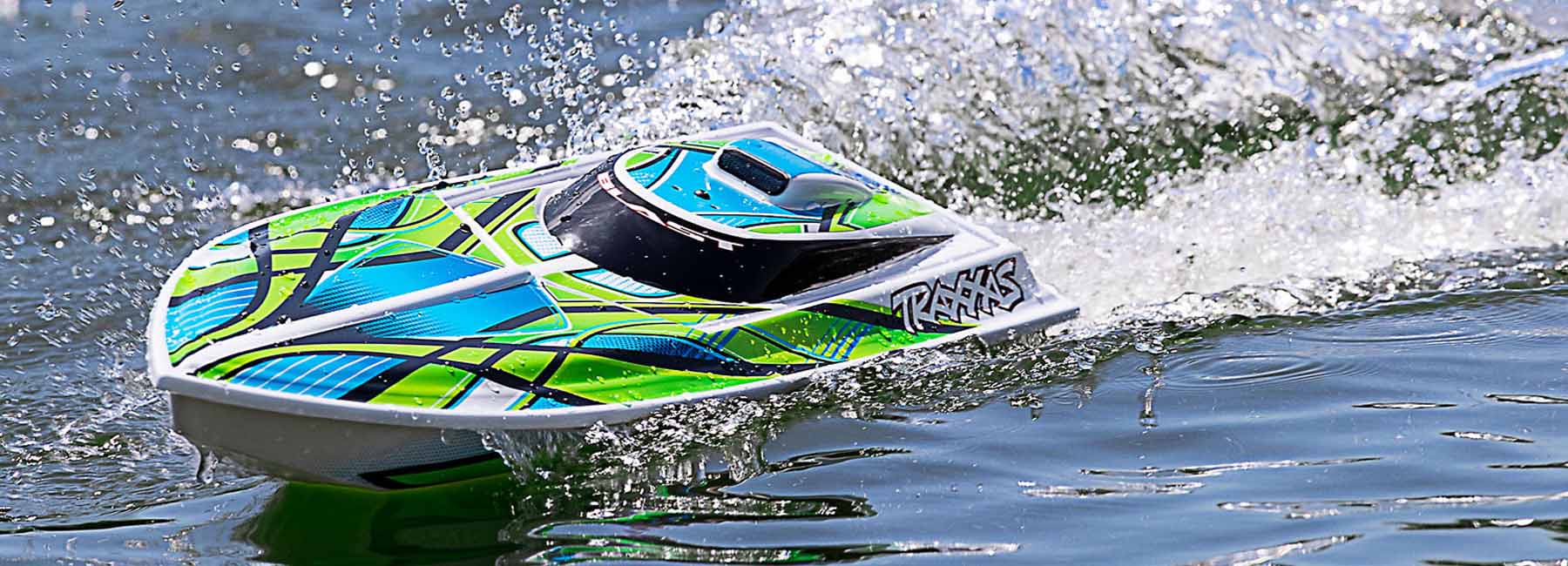 Green RC Boat with big wake